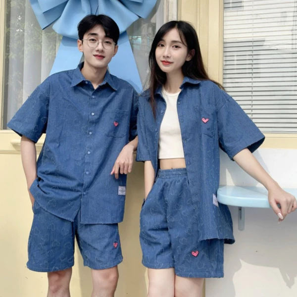 Bộ sơ mi tay ngắn YELLOW FLICKER jeans "LOVE" unisex