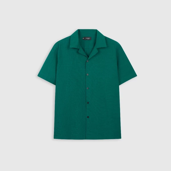 Áo sơ mi nam ROWAY vải linen thoáng mát, form regular, Sơ mi cộc xanh