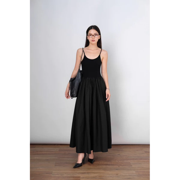 RUBIES Babie Dress - Đầm Dài Nữ Vải Thun Phối Kate Dáng Tùng Xòe 2 Dây Cổ U