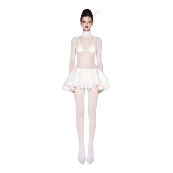 LSOUL Đầm Ôm Body Sexy Xuyên Thấu Chân Váy Ngắn Xếp Tầng Éthérée Dess V24031604