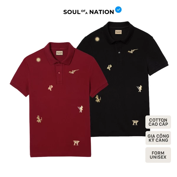 Áo POLO PATTERN CHIM LẠC TRỐNG ĐỒNG IN NHŨ VÀNG unisex có cổ Basic vải cá sấu Pique Cotton, chỉn chu, sang trọng