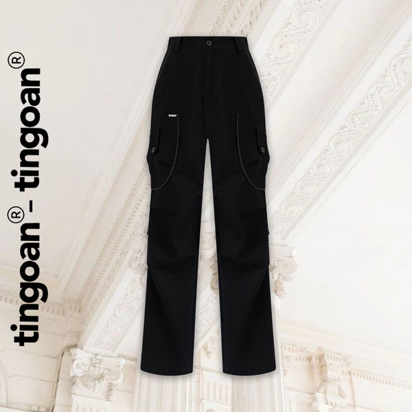 TINGOAN® - Quần dài kaki đen túi hộp viền túi hai bên đai gấu YEY PANTS/BL
