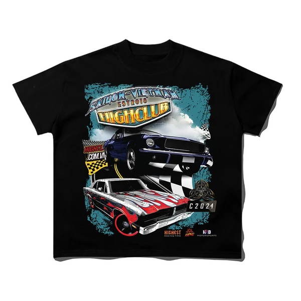 Áo thun RACING CAR - HIGHCLUB Tay lỡ cổ tròn màu ĐEN - UNISEX