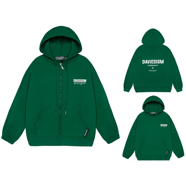 Hoodie zip local brand DAVIES áo khoác nỉ form rộng có mũ màu xanh Community