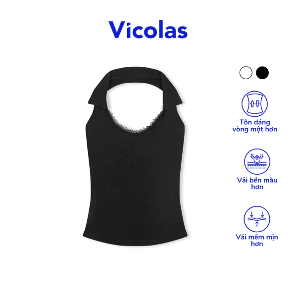 Áo nữ thiết kế hở lưng cổ bẻ viền ren Vicolas chất liệu thun gân co giãn- VICO42