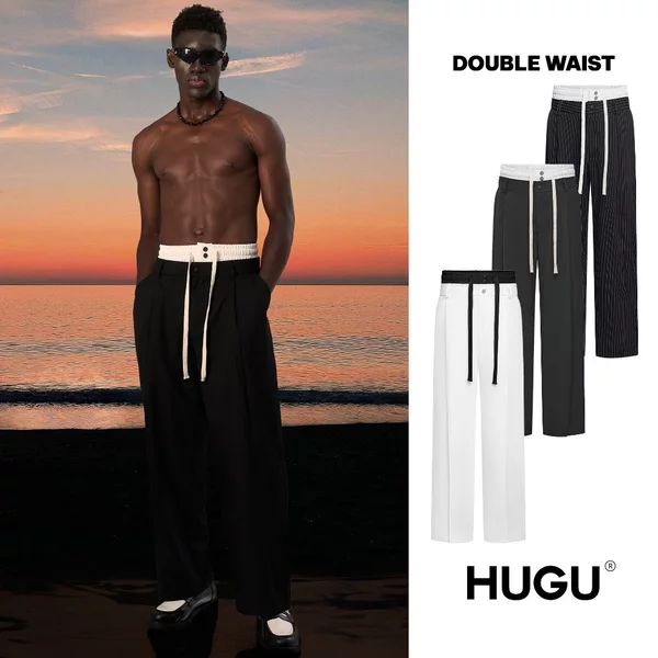 Quần tây lưng dài màu đen, trắng,... form ống rộng 2 lưng, co giãn thoải mái, unisex local brand HUGU - DOUBLE WAIST