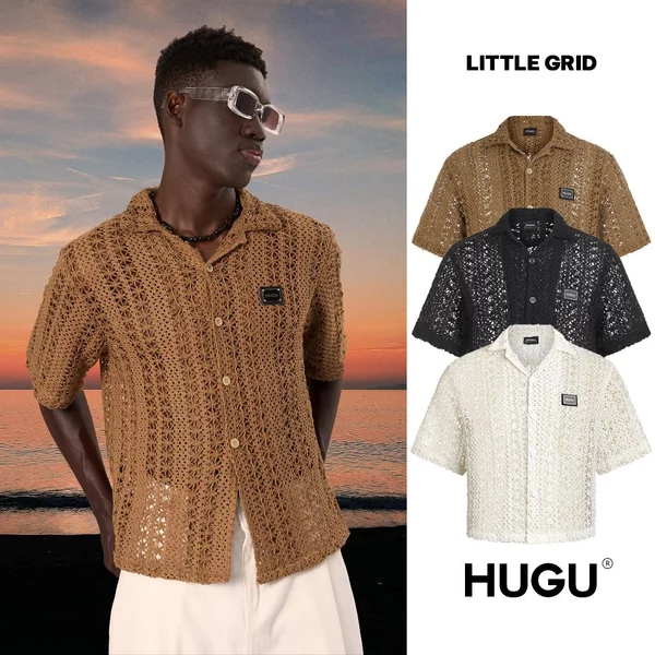 Áo sơ mi tay ngắn vải lưới 4C unisex local brand HUGU - LITTLE GRID form boxy đính tag HUGU