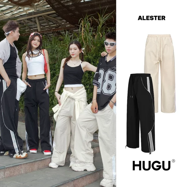 Quần dù dài màu đen, be, form ống suông dài, đường kẻ nổi bật, đơn giản, unisex local brand HUGU - ALESTER