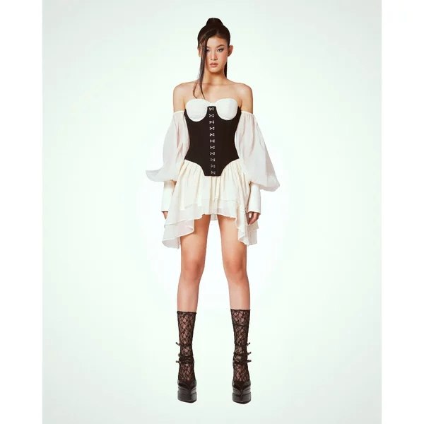 LSOUL Đầm Bẹt Vai Tay Bồng + Đai Corset Đan Dây Sang Trọng Đi Tiệc Limerence Set V23081569 A23082727