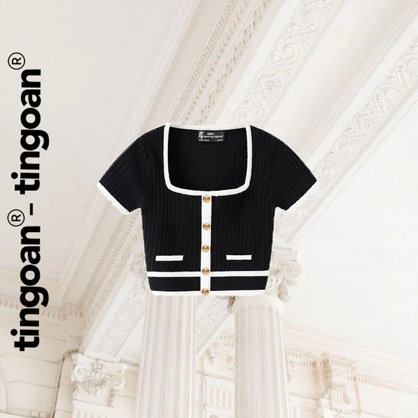 TINGOAN® - Áo croptop len đen cổ vuông viền trắng DARA TOP/BL