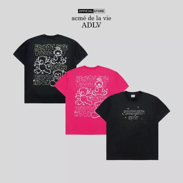 Áo thun ADLV Bear Friends Doodle Artwork dáng oversized màu đen/hồng - Hàng chính hãng