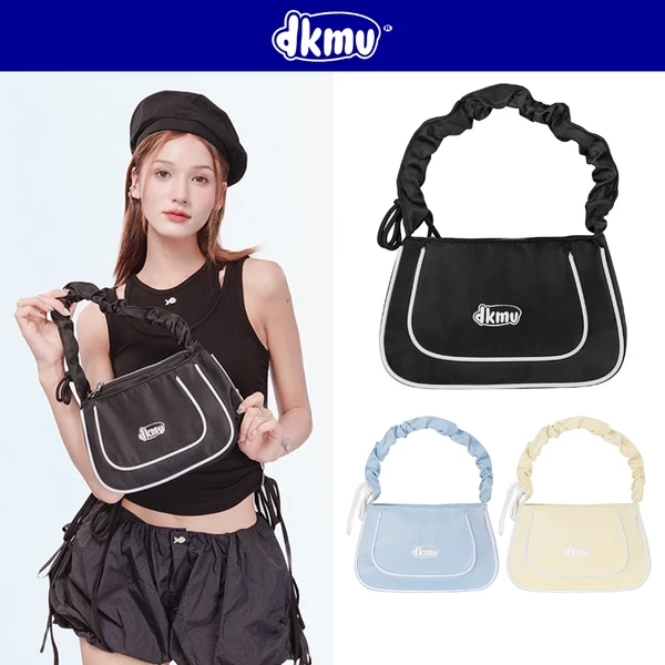 Túi xách nữ quai nhún phối viền DKMV in chữ su nổi vải canvas dây rút nơ dễ thương màu xanh, kem, đen Nichu Bag | K-B42