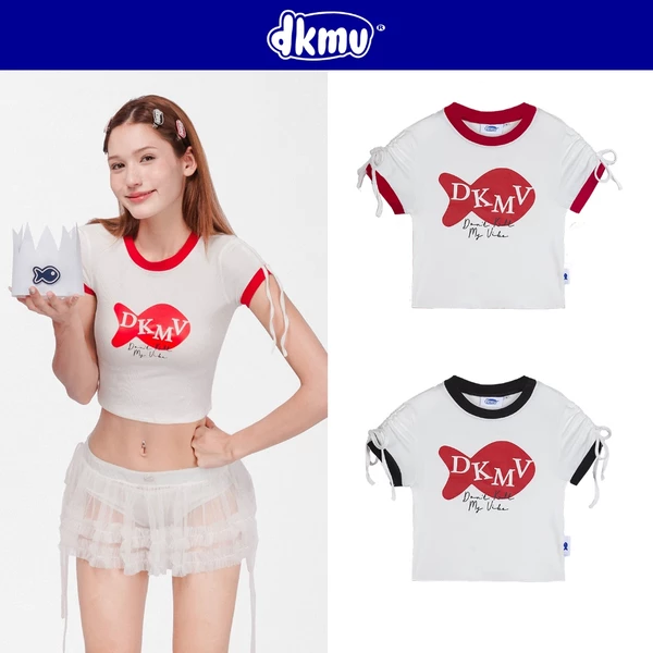 Áo baby tee nữ DKMV màu trắng phối đen, đỏ chất thun lạnh họa tiết hình in con cá cực xinh Baby Tee Una | K-T8