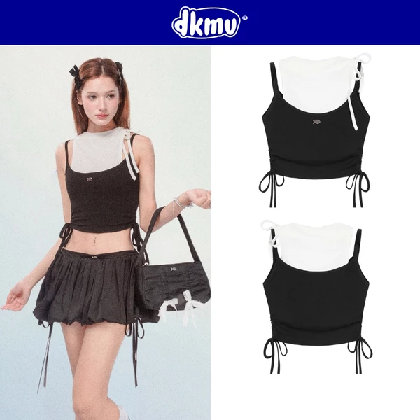 Áo thun ba lỗ nữ DKMV màu trắng và đen thiết kế đan xen 2 dáng áo độc đáo có thắt nơ đáng yêu Matilda Top | K-T17