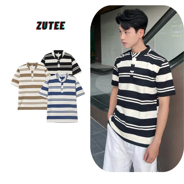 Áo thun kẻ ngang nam nữ, áo polo kẻ ngang cộc tay cổ cúc ZUTEE