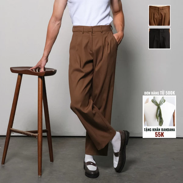 Quần Tây Quần Vải Nam B Brown Cạp Cao Ống Rộng - Wide Fit Trousers
