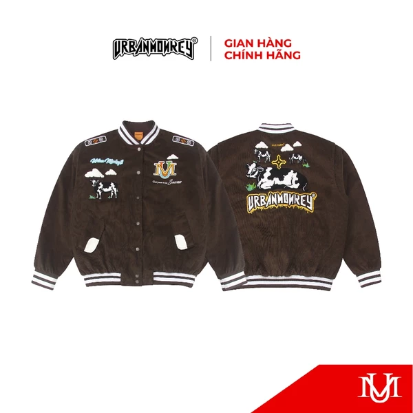 Áo Khoác Varsity Unisex URBAN MONKEY " Varsity Our Farm Kakao " Chất Liệu Nhung Tăm Phối Màu Nâu Kakao