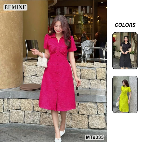 Đầm thiết kế cổ sơ mi phối nút bọc tay ngắn BEMINE MT9033