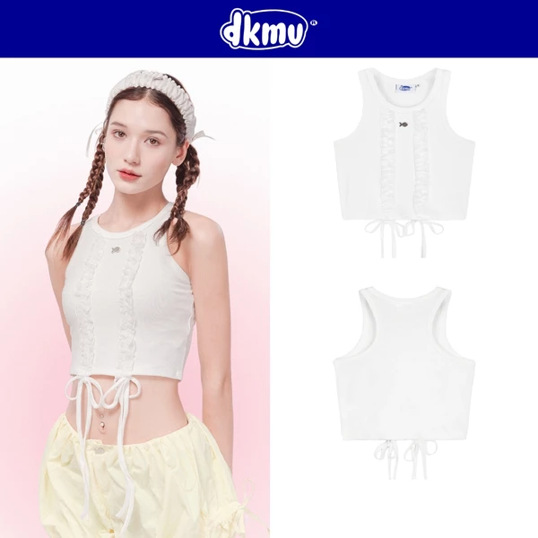 Áo ba lỗ nữ DKMV áo thun ba lỗ sát nách cổ tròn thiết kế dây rút thắt nơ nhún đáng yêu màu trắng Lovell Top | K-T12