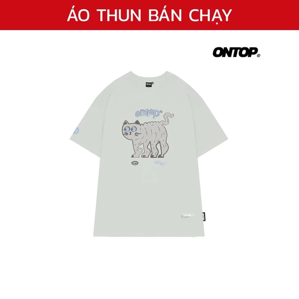 Áo phông local brand chính hãng ONTOP nam nữ form rộng hình in mèo màu xám Doodle Cat | O19-T7