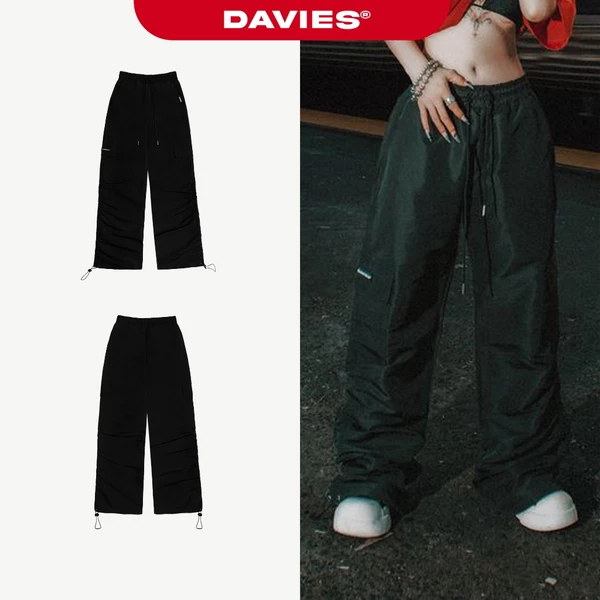 Quần ống rộng nam nữ túi hộp DAVIES vải dù màu đen Cargo Pant Ruffle local brand | D33-Q7