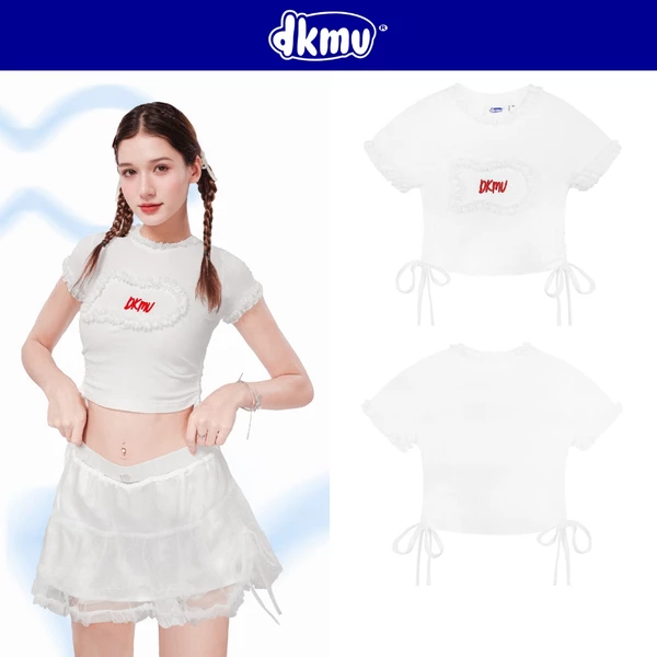 Áo baby tee nơ phối viền ren thêu DKMV màu trắng họa tiết chữ đỏ ôm dễ thương Lace Baby Tee | K-T13