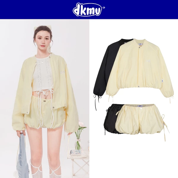 Set đồ nữ dễ thương DKMV áo khoác dù kèm quần bí thắt nơ màu vàng mơ và đen Pumpi Set| K-SET1