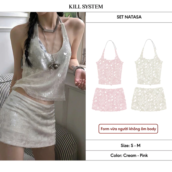 [ĐƯỢC TÁCH LẺ] 𝐊𝐈𝐋𝐋 𝐒𝐘𝐒𝐓𝐄𝐌 - Set áo cổ yếm + chân váy kim sa trong suốt cạp thấp NATASA lấp lánh