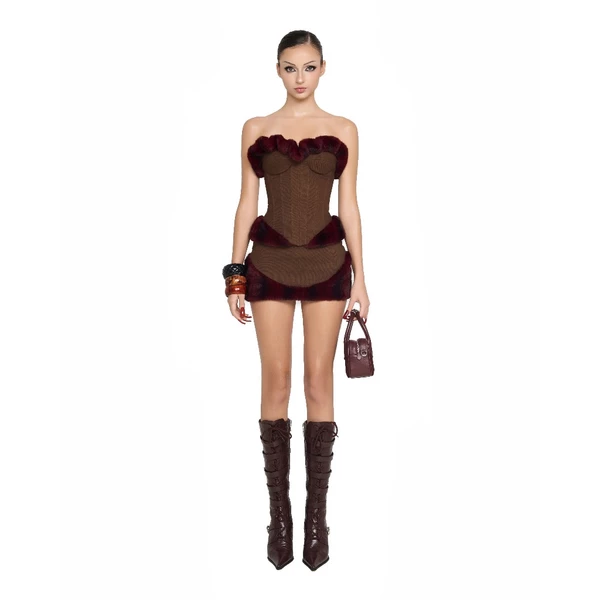 LSOUL Set Da Lộn Áo Corset Đan Dây + Chân Váy Viền Phối Lông Luvvi Set A25022806 CV25020716