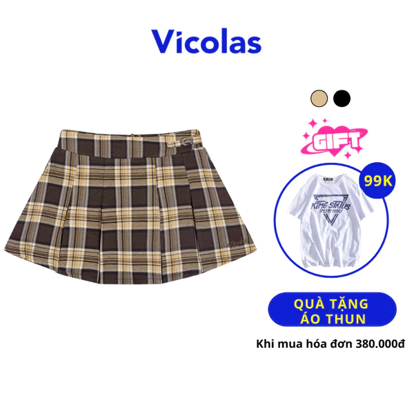Chân váy nữ kẻ caro cạp cao Vicolas thiết kế điều chỉnh eo - VA1