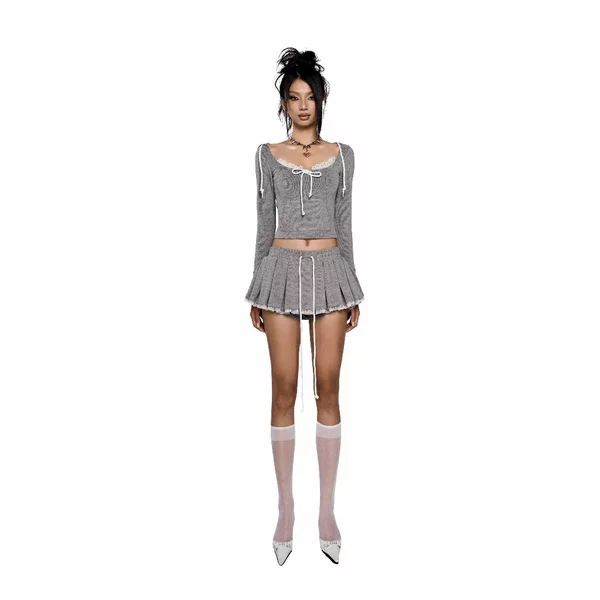 LSOUL Set Jennie Áo Hoodie Croptop Xám Phối Ren + Chân Váy Miniskirt Xếp Ly Calos - B24031396