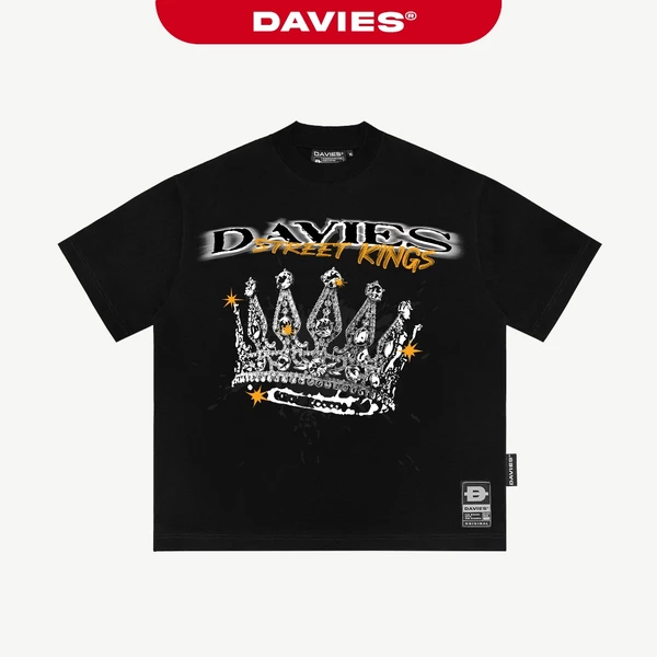 Áo phông rộng in graphic vương miện DAVIES phong cách đường phố tay ngắn màu đen Street Kings Tee| D-T26