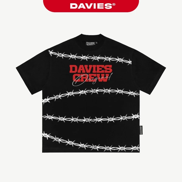 Áo thun form rộng in chữ DAVIES họa tiết thép gai full mặt trước phong cách hiphop tay ngắn, đen Barbed wire Tee| D-T28