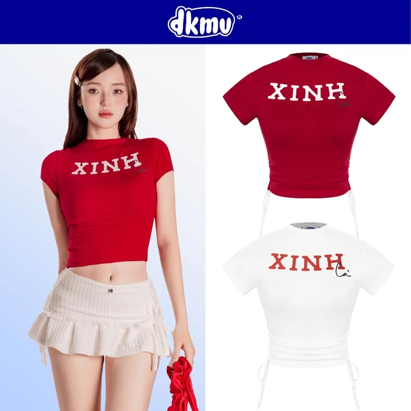 Áo kiểu nữ dễ thương dây rút thắt nơ DKMV in chữ Xinh cá thiết kế cổ cao ôm tôn dáng màu đỏ, trắng Baby Tee | K-T21