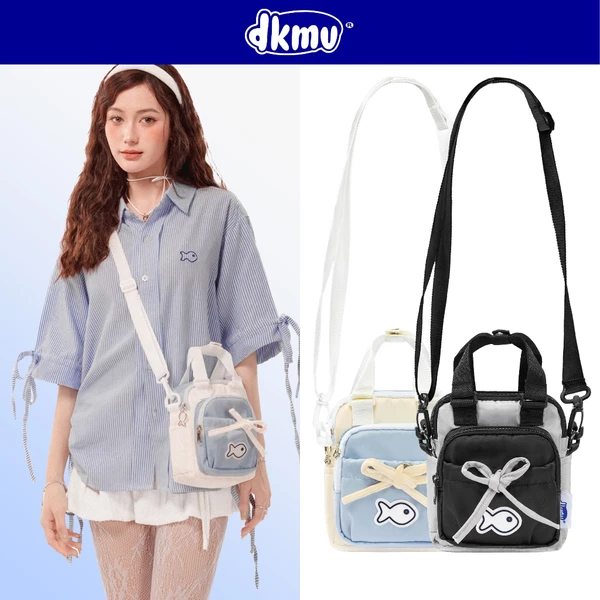 Túi đeo chéo nữ phối hai màu vải dù DKMV thiết kế thắt nơ đáng yêu màu đen xám, kem xanh Aimee Ribbon Bag | K-B46
