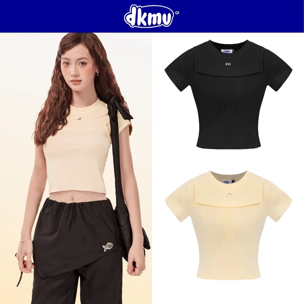 Áo kiểu nữ họa tiết phối 2 dây DKMV màu đen, kem thiết kế logo con cá inox độc đáo Limmi Baby Tee | K-T22