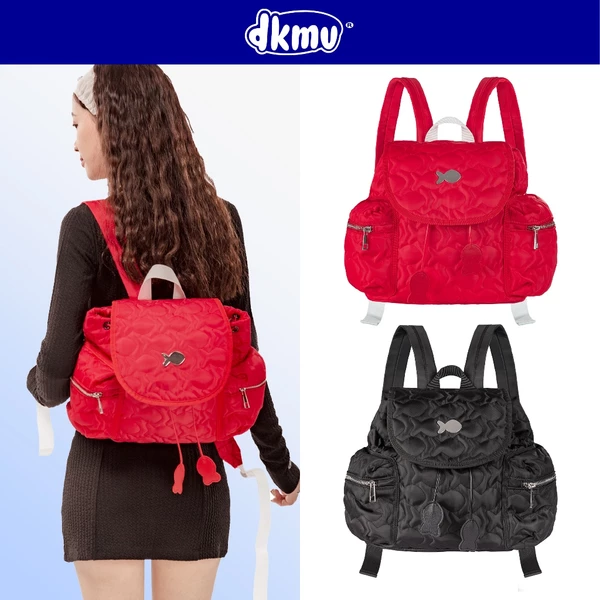 Balo nữ mini chần bông họa tiết nổi DKMV màu đen, đỏ thiết kế dây rút nắp gập nhiều ngăn Puffy Puffy Backpack | K-P49