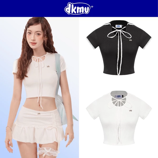 Áo baby tee nữ cổ búp bê phối ren DKMV màu đen, trắng thiết kế dây ren thắt nơ đáng yêu Lace Shirt | K-T18