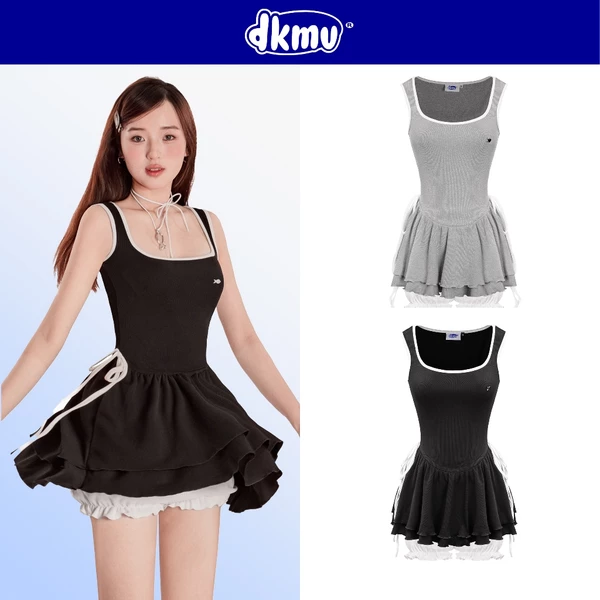 Đầm hai dây bản to váy xếp tầng DKMV kèm quần trong dáng bí cổ vuông dây thắt nơ màu đen, xám Bernice Dress | K-D8