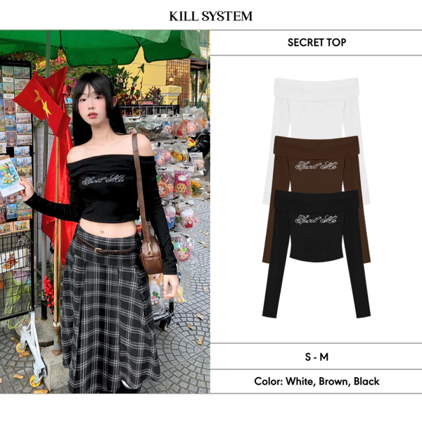 Áo trễ vai tay dài SECRET đính đá thắt nơ nữ tính - KILL SYSTEM
