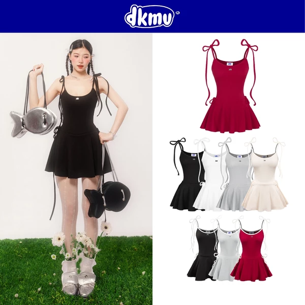 Váy nữ kiểu phối viền thêu logo DKMV hai dây buộc nơ logo inox cá màu đen, đỏ , trắng, kem, xám Lido Dress | K-D2