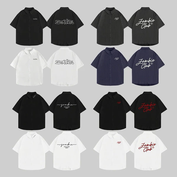 Áo sơ mi ,LESS IS MORE, zombie.club, Lụa premium, Thêu xù + Thêu nổi ngắn tay dáng rộng,UNISEX, Chính Hãng.