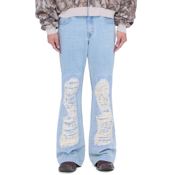 Quần jeans unisex dài ống loe wash rách - BEUTER SS25 Flare Distressed Blue Jeans