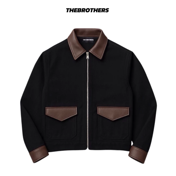 Áo khoác Denim đen phối da nâu Boxy Work Jacket THEBROTHERS form BOXY phong cách vintage