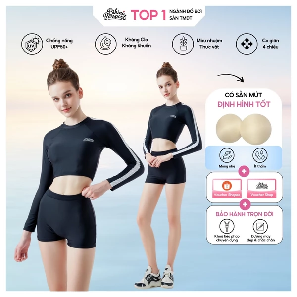 Đồ bơi NỮ BIKINI PASSPORT Hai mảnh LC tay áo phối màu & logo - Đen - BS1010_BL