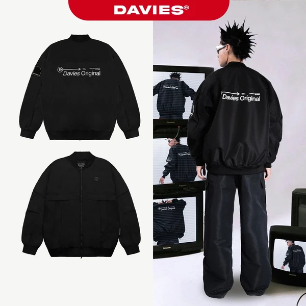 Áo khoác bomber nữ nam dù DAVIES form rộng hai lớp màu đen Jacket Pleats local brand I D31-AK13
