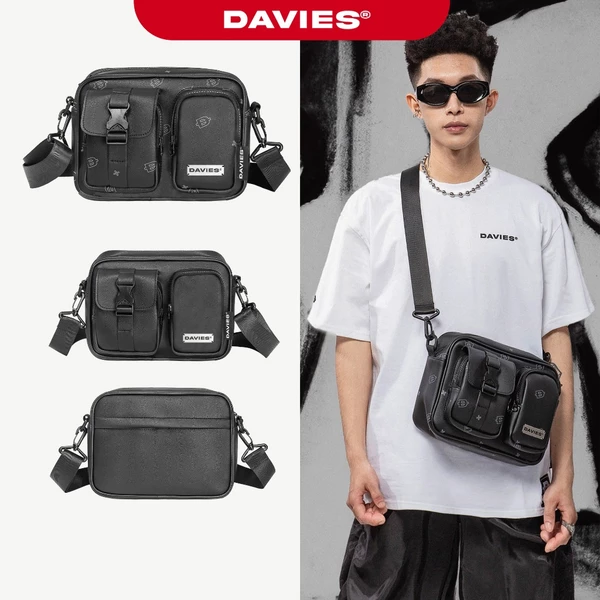 Túi đeo chéo da đựng vừa Ipad DAVIES đen trơn, họa tiết Monogram nhiều ngăn logo Inox Straps Two Pocket | D-B57