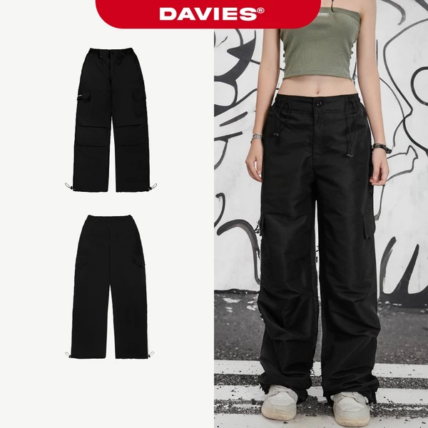 Quần ống rộng nam nữ túi hộp DAVIES vải dù màu đen Cargo Pant Y2K local brand | D31-Q3