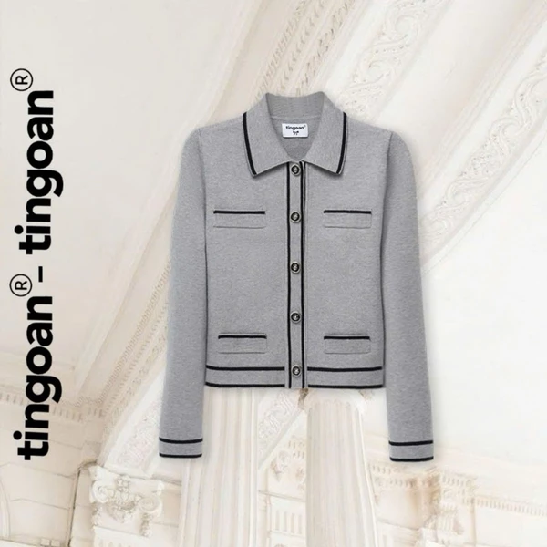 TINGOAN® - Áo len xù cardigan cổ bẻ dáng lửng xám phối đường viền đen LILY ROSE JACKET/GR