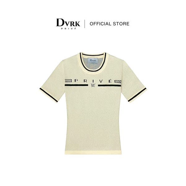 Áo Thun Nữ Tay Ngắn Cổ Tròn Dệt Kim Màu Kem PRIVÉ BAR LOGO-DVRK-23SS
